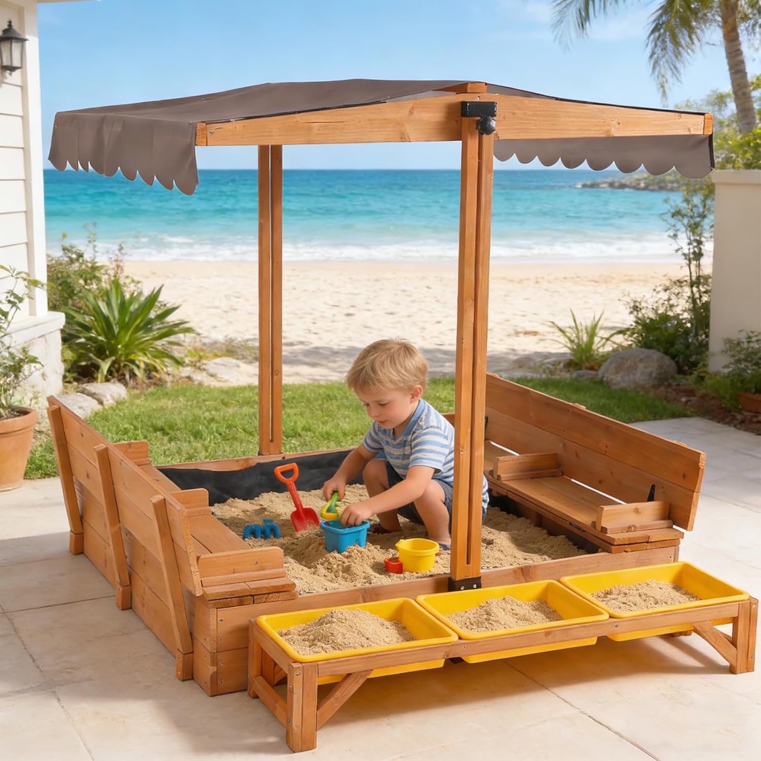 GUTINNEEN Wooden Sandbox with Lid Outdoor, Sand Box for Kids with 2 Foldable Bench Seats and Adjustable Canopy, Sandbox with Cover and 3 Toy Bins for Beach Patio Garden