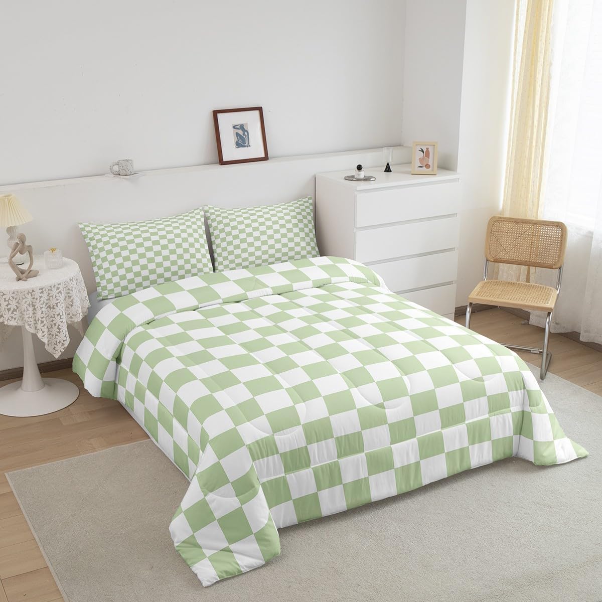 Green Check Comforter Set for Kids Grid Geometric Bedding Set Modern Fashion Plaid Bedding Home Decor Green White Comforter Toddler Size 2 Pieces Quilted Duvet Set with 1 Pillowcase