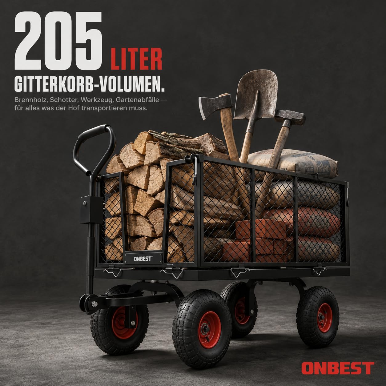 ONBEST Bollerwagen 550 kg – Gartenwagen mit klappbaren Seitenwänden | Großer 205 L Gitterkorb aus Metall – Outdoor-Transportwagen und Lastenwagen für Garten, Hof und schwere Transporte