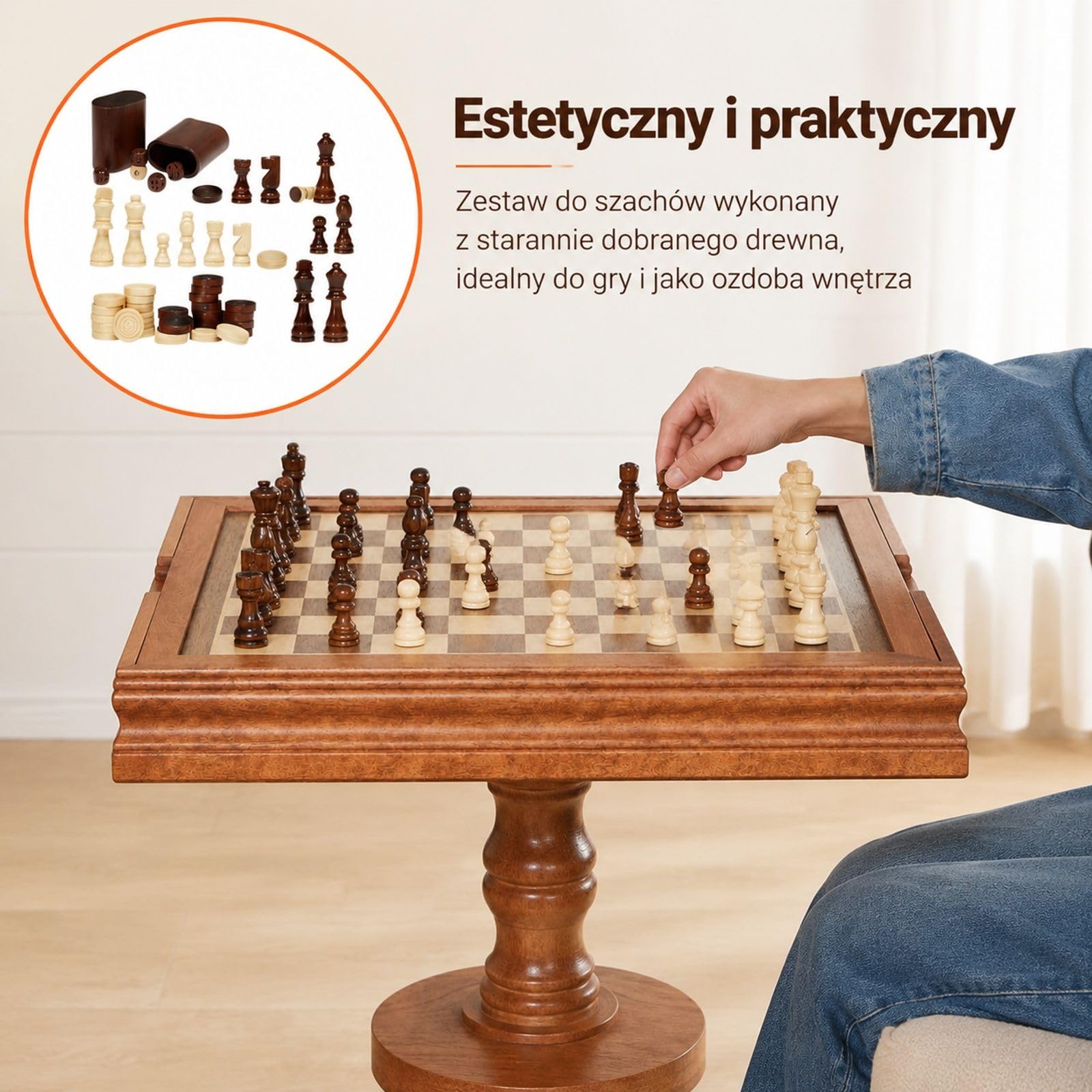 Drewniany zestaw szachowy z szachownicą i figurami, rama z drewna sapele, konstrukcja z miejscem do przechowywania na rodzinne gry, imprezy i podróże