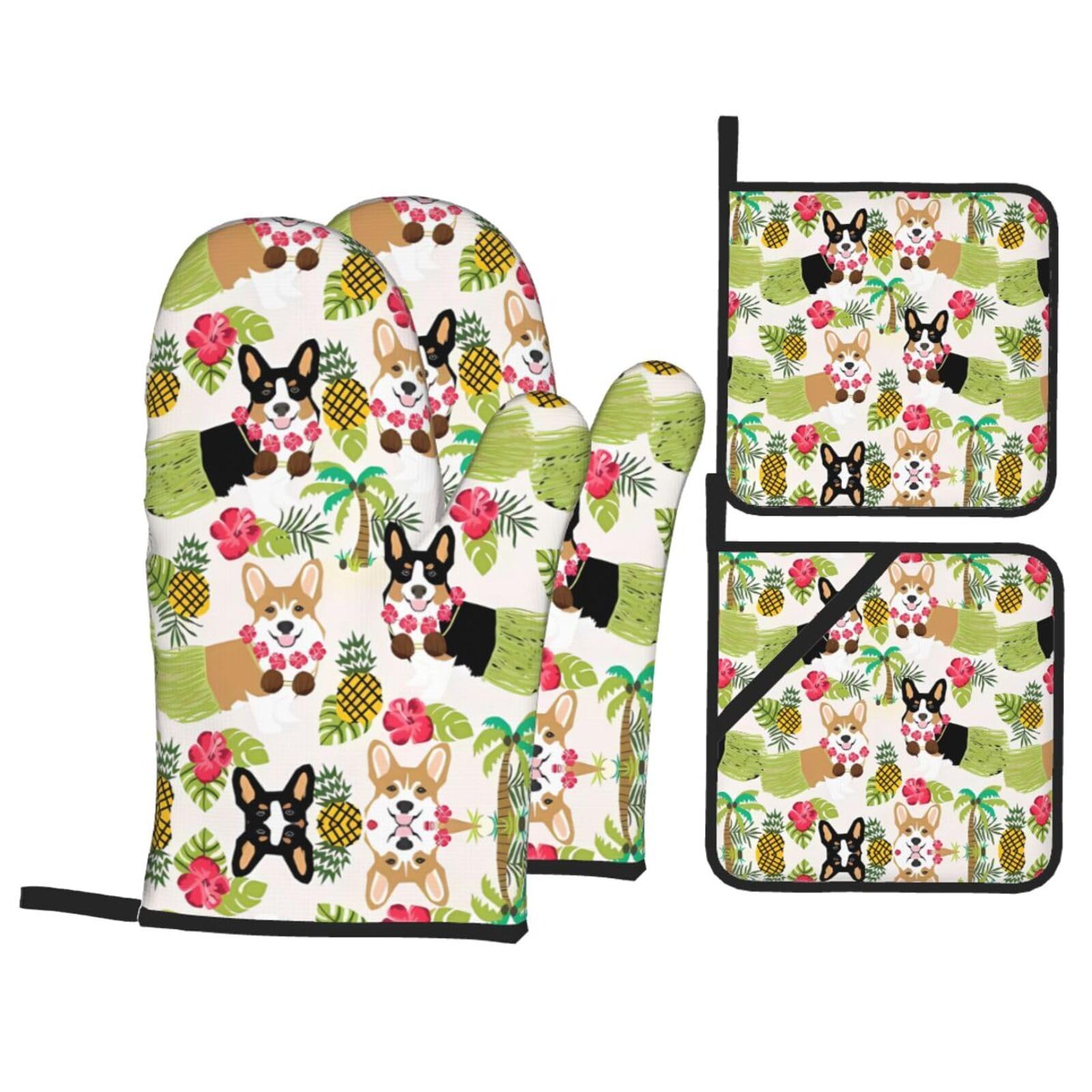 HJFCZH Corgi Hawaiian Tropical Summer Pineapple Prints Kitchen Covers: Waterproof Oven Layers for Safe Cooking & Easy Cleanup - 4 Piece Heat Protection Set