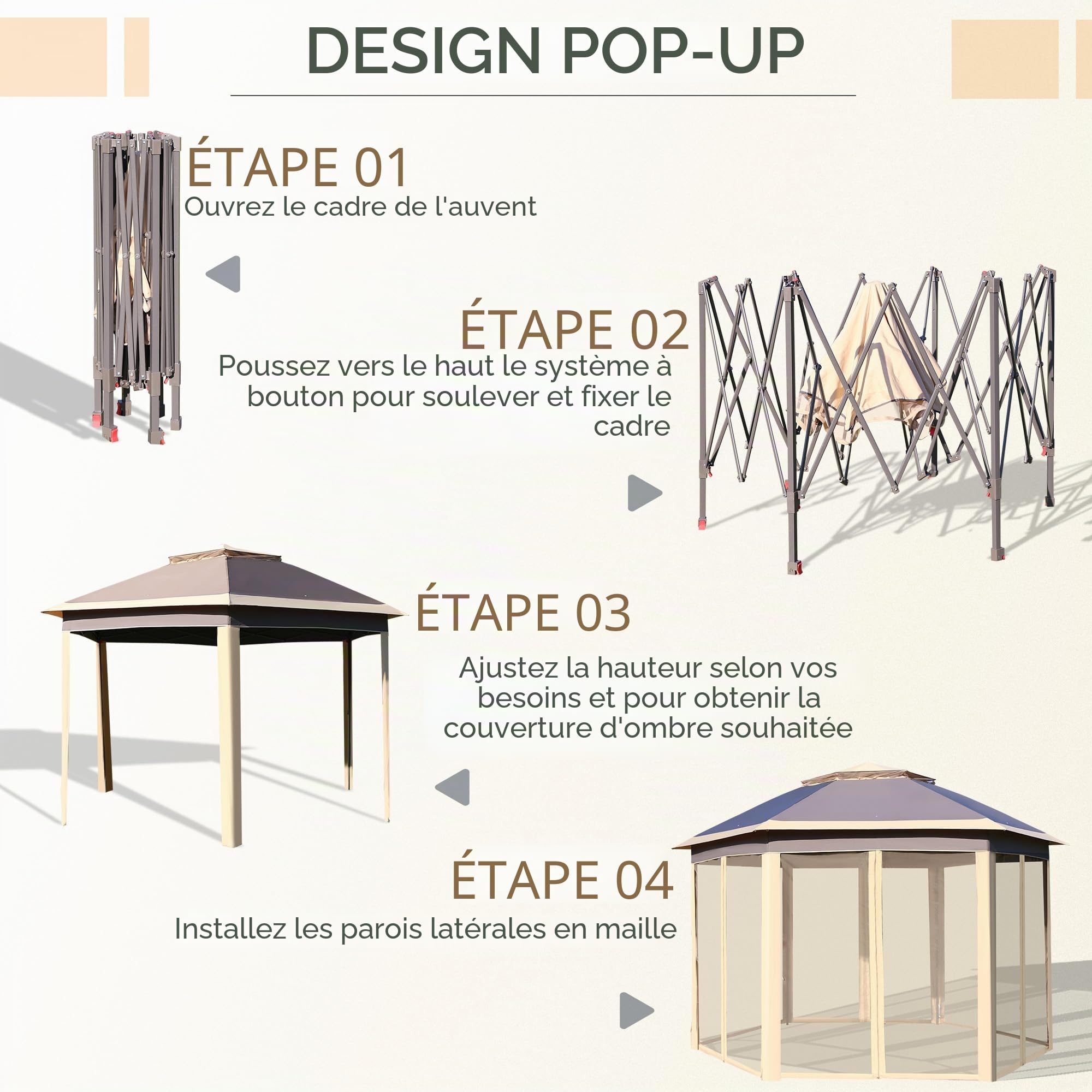 Outsunny Tonnelle Pliable 4x3,4x2,85 m Pavillon de Jardin Hexagonal avec Double Toit 6 Moustiquaires Démontables Sac de Transport Hauteur Ajustable sur 3 Niveaux et Anti-UV Gazebo pour Fête Patio