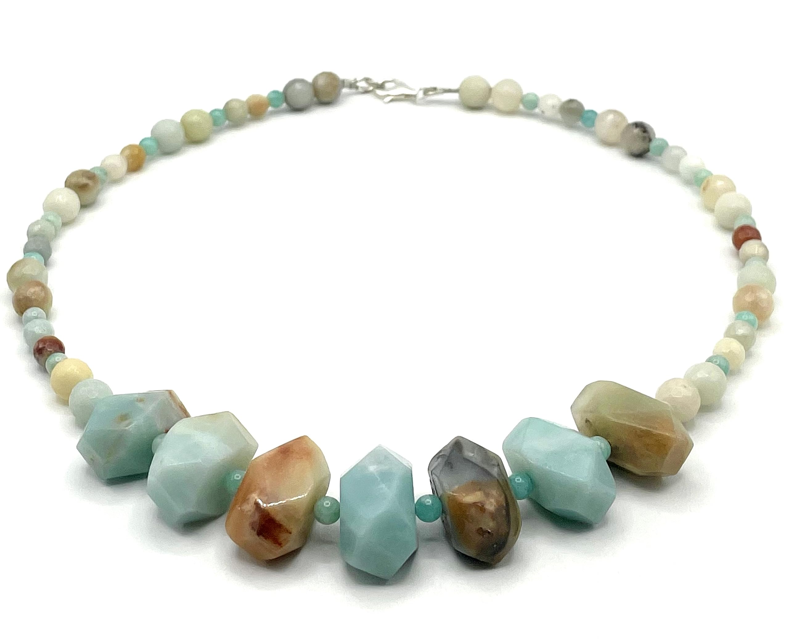 Collana con Pietre di Amazzonite Multicolor, Girocollo Grandi Pietre Turchesi, Gioielli Argento 925, Bijoux Italiani, Pietra di Marzo