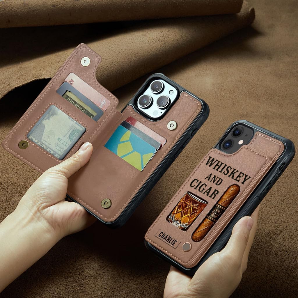 Whiskey & Cigar - Personalized Whisky Wallet Phone Case, Cigar & Whiskey Printed Wallet Case for PU Leather Shockproof Phone Cases Cover for Men Husband Grandpa Dad