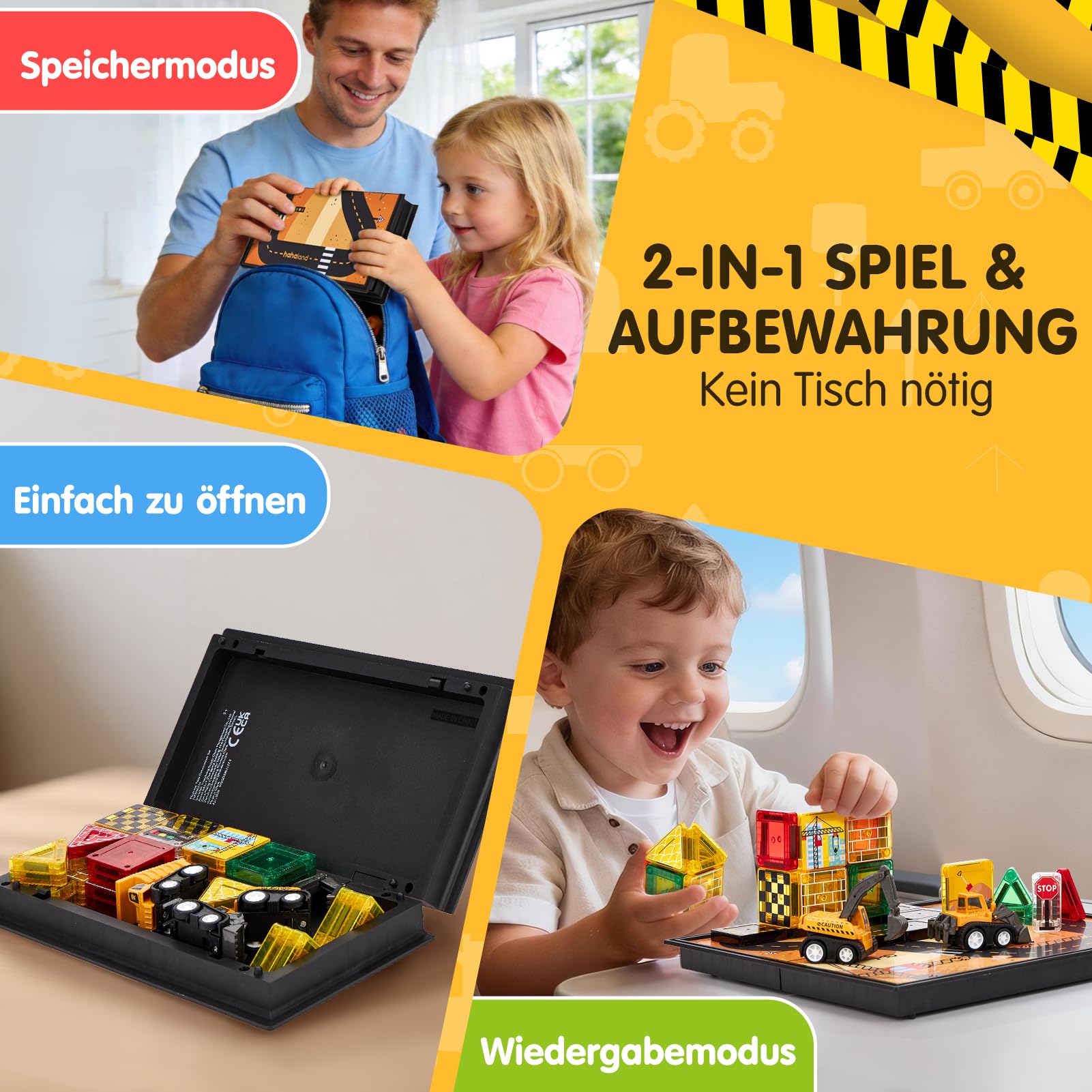 hahaland Magnetische Bausteine ab 3 Jahre mit 3 Baustellenfahrzeugen & Aufbewahrungsbox, 42PCS Mini Magnetic Tiles Reisespielzeug mit Bauplatte, Montessori Spielzeug Geschenk für Kinder 3 4 5 Jahre