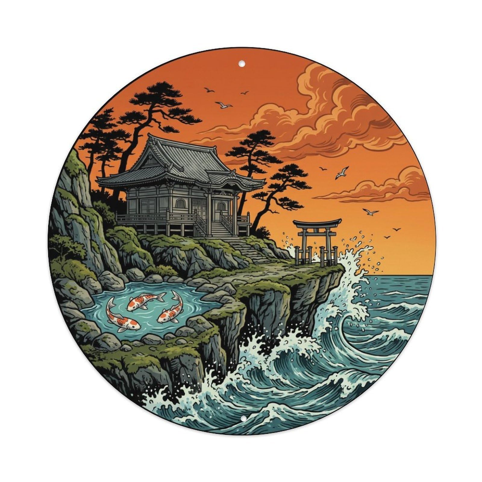 Galvaxio Style Japanese Koi Fish Cliff Temple Ocean View Metal Tin Sign