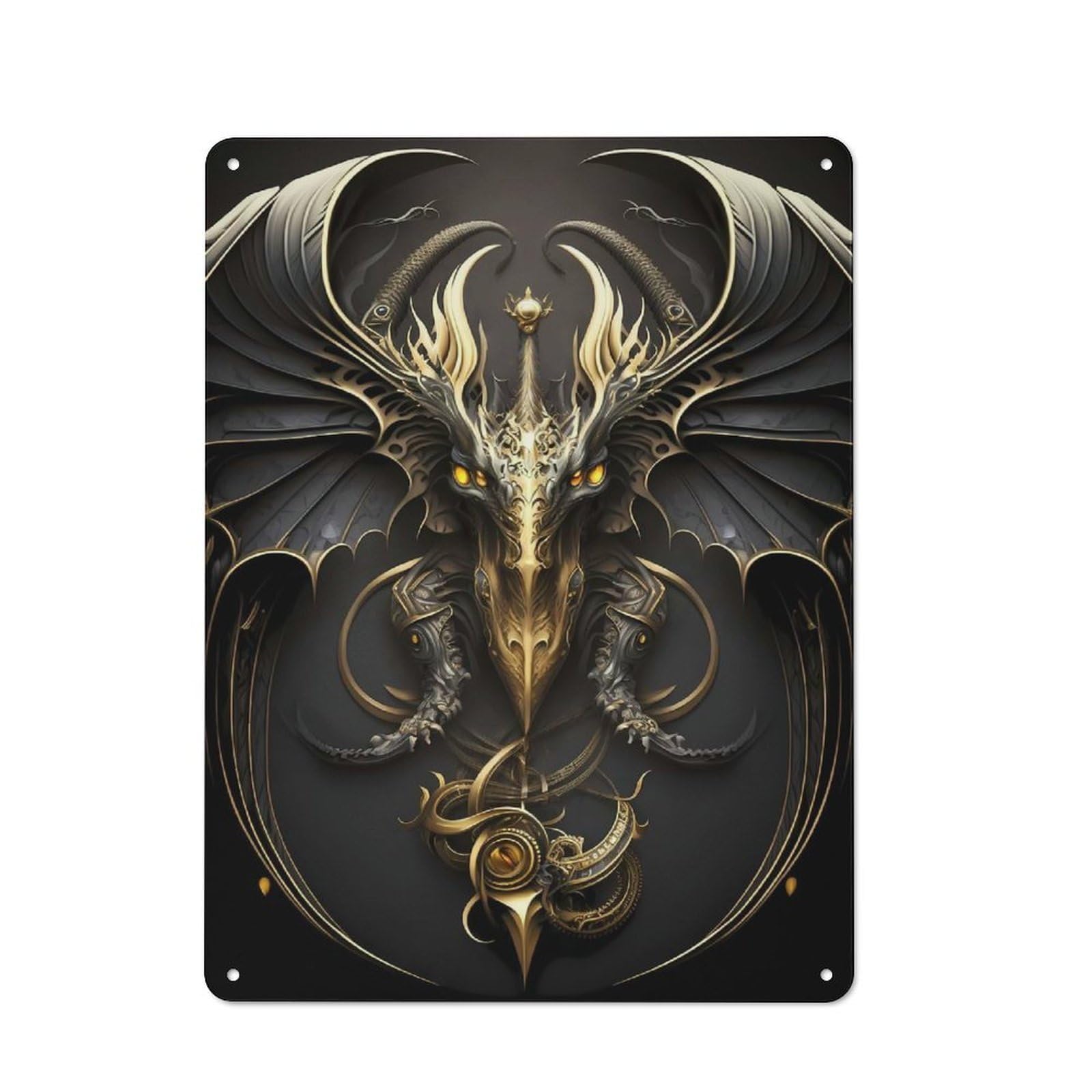Junmoney Style-9 For Hobby Room Or Studio, Golden Dragon Sword Wings Rustic Tin Wall Plaque 40X30cm, For Vintage Wall Decor Fans, For Metal Sign Collectors