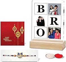 Giftplease Raksha Bandhan Gift for Brother | Personalized Acrylic Photo Frame with Wooden Stand, Rakhi, Roli Chawal & Greeting Card Combo | Custom Farme and Rakhi Gift Hamper for Bhai