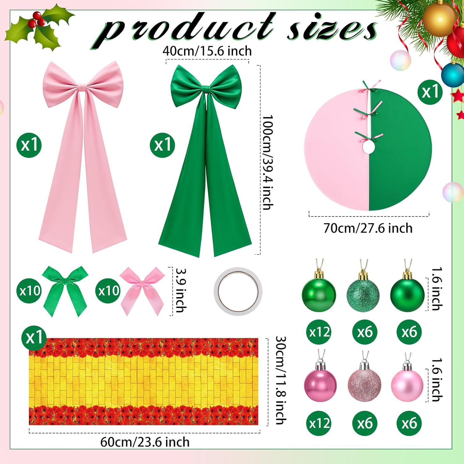 Soulchen 72 Pcs Pink Green Christmas Tree Ornament Set with Pink and Green Bow Christmas Tree Topper Skirt Rug Ball Ornaments for Witch Theme Xmas Party Winter Holiday Decor Home
