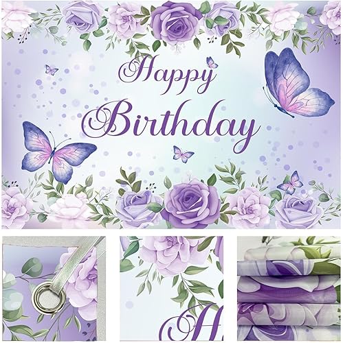 Miniatura 8 de Telón de fondo de mariposa de 5 x 3 pies con diseño de mariposa morada, decoración de rosas y flores, para fiesta de cumpleaños de niñas, telón de