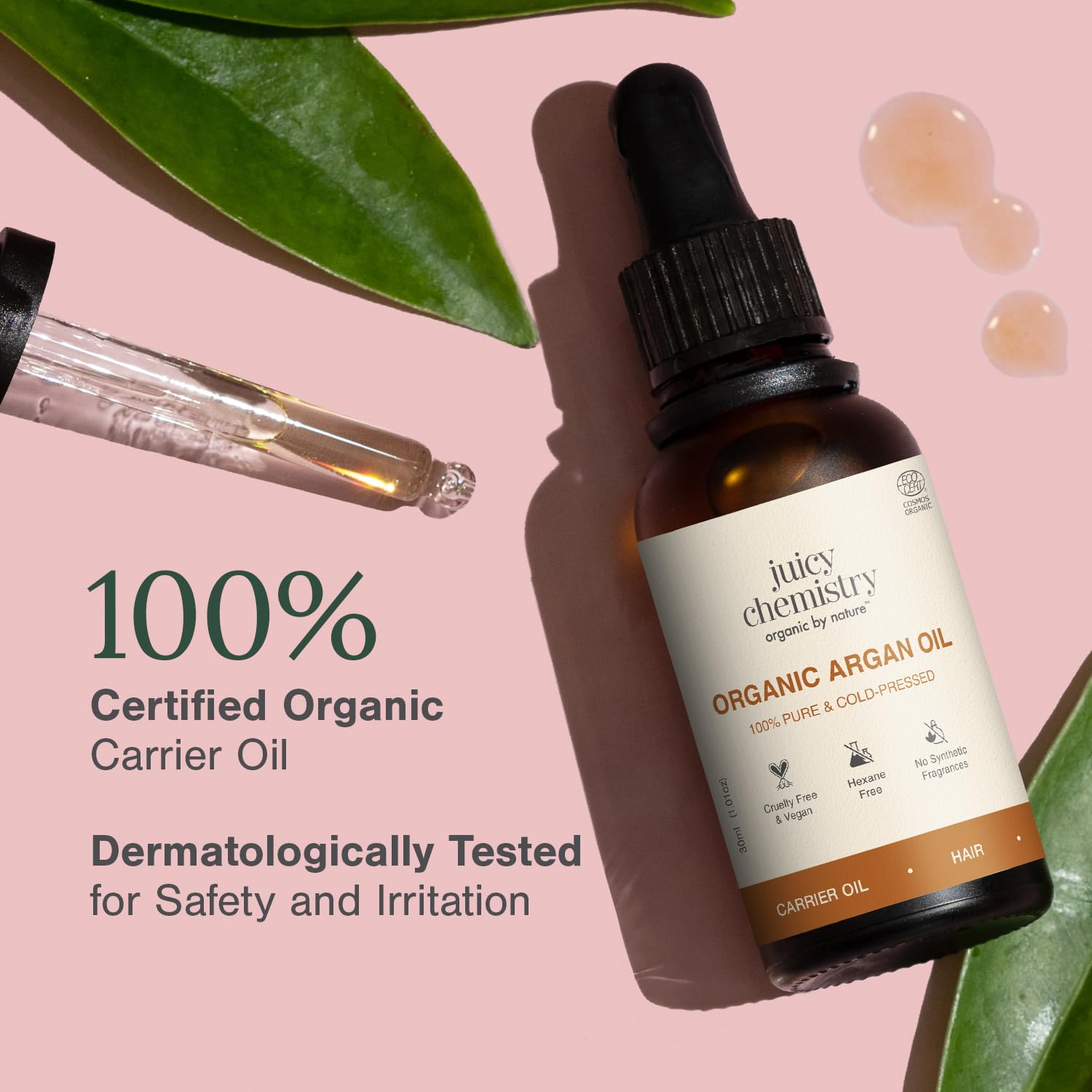 Juicy Chemistry Argan Oil, 30 ml | Pure, Cold-pressed & Organic Argan Oil for Moisturising Skin & Managing Dry, Frizzy Hair | Ecocert Certified Organic for Men & Women | Cruelty-free & 100% Vegan