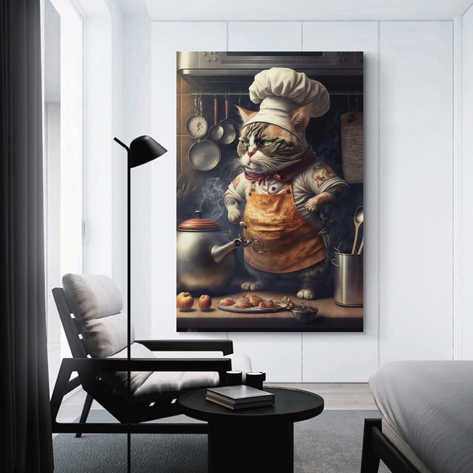 Junmoney Chef Cat Canvas Wall Decor 24x36inch(60x90cm), for Entrance Walls, Hall Decor Or Foyers, Wall Decor to Refresh Empty Corners