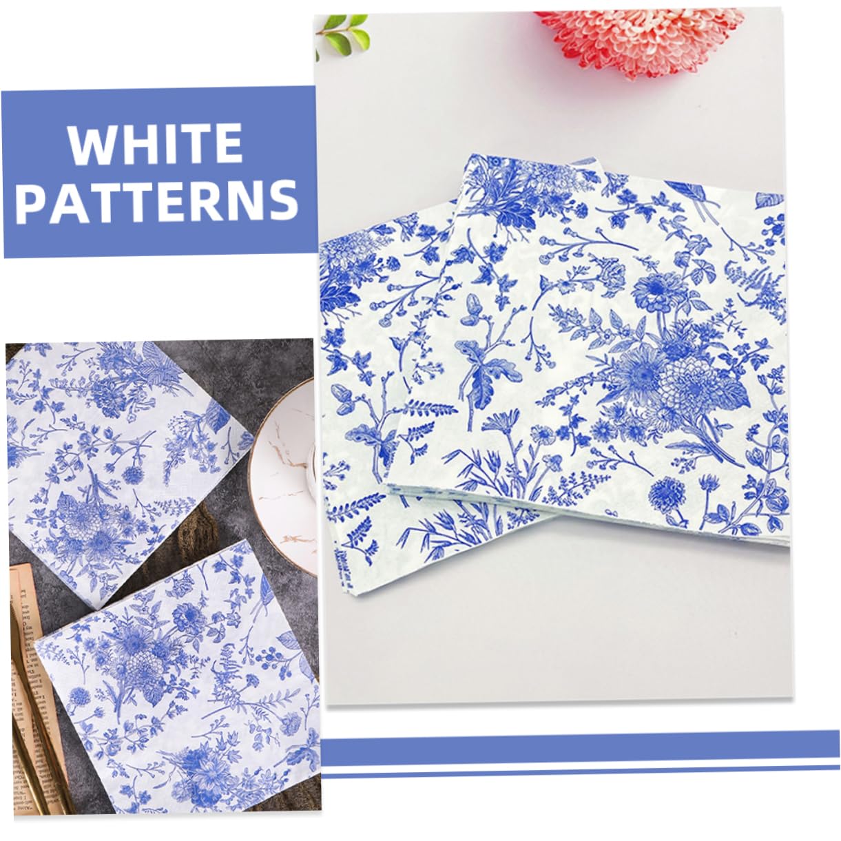SHERCHPRY 2 Series Servilleta Azul Y Servilletas De Flores Antiguas Servilletas De Papel Decorativas De Despedida De Soltera Linda 100 Piezas*2