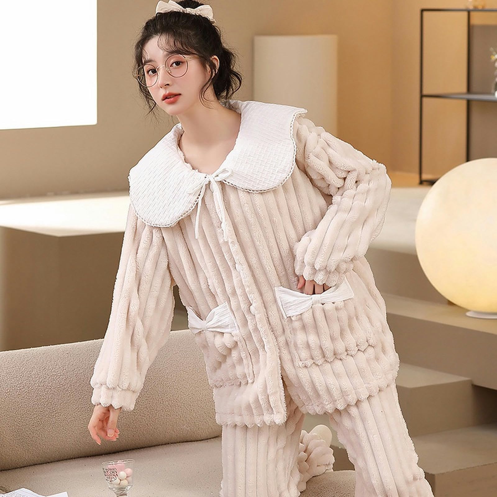 Pigiama Autumn da Donna E Pigiami Invernali Inincassato in Pigiama Dolce può Essere Indossato Fuori da Abiti da Casa Set-in Pelle Rosa-XL (consigliato 120-135 Catties)