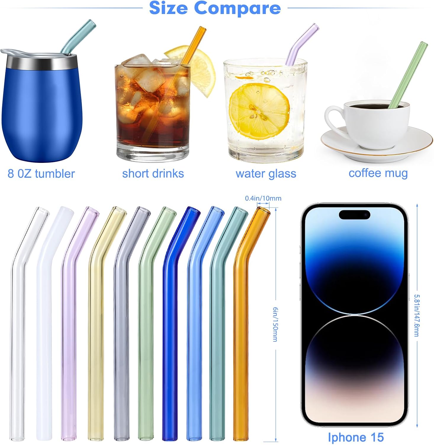 10 Pcs Reusable Bent Short Glass Straws,6''x10 mm Colorful Cocktail Glass Straws Shatter Resistant with 2 Cleaner Brush for Whiskey,Coffee,Juice,Soda Drinks,Teas