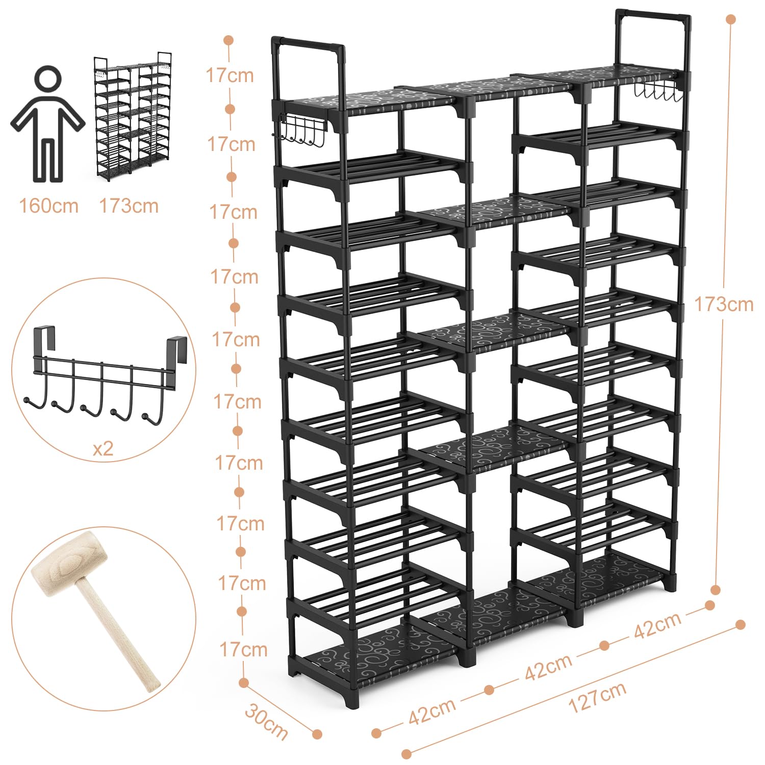 Vicye Schuhregal 10 Ebenen Schuhaufbewahrung, DIY Schuhablagen aus Metall, 54-62 Paar Schuhe Aufbewahrung, Platz Sparen, Standregal Schuhschrank mit Haken für Eingang, Ankleidezimmer und Flur