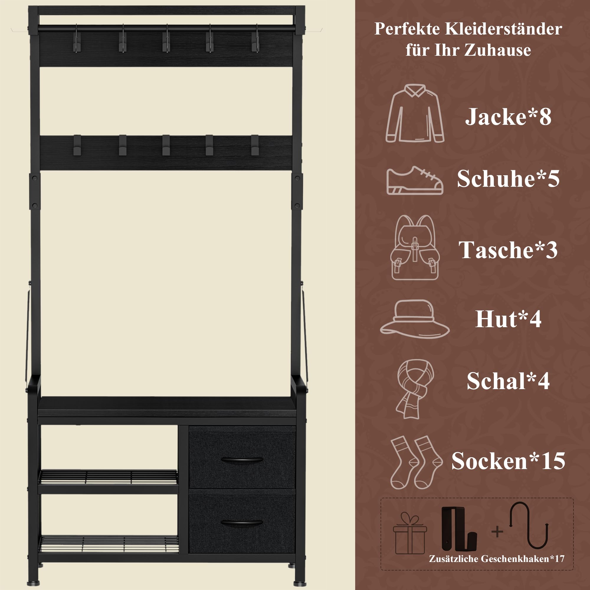 Garderobenständer, Schuhregal mit Sitzfläche und 2 Schubladen, Kleiderständer mit 17 Abnehmbaren Haken, 5 In 1 Design, Metallrahmen, für Flur, Wohnzimmer, Eingänge (Schwarz)