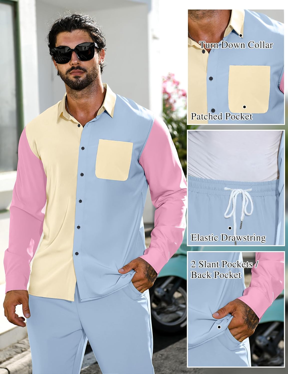 LecGee Mens 2 Piece Color Block Outfits Casual Long Sleeve Color Block Shirts and Pants Matching Set Sweatsuit - Image 5