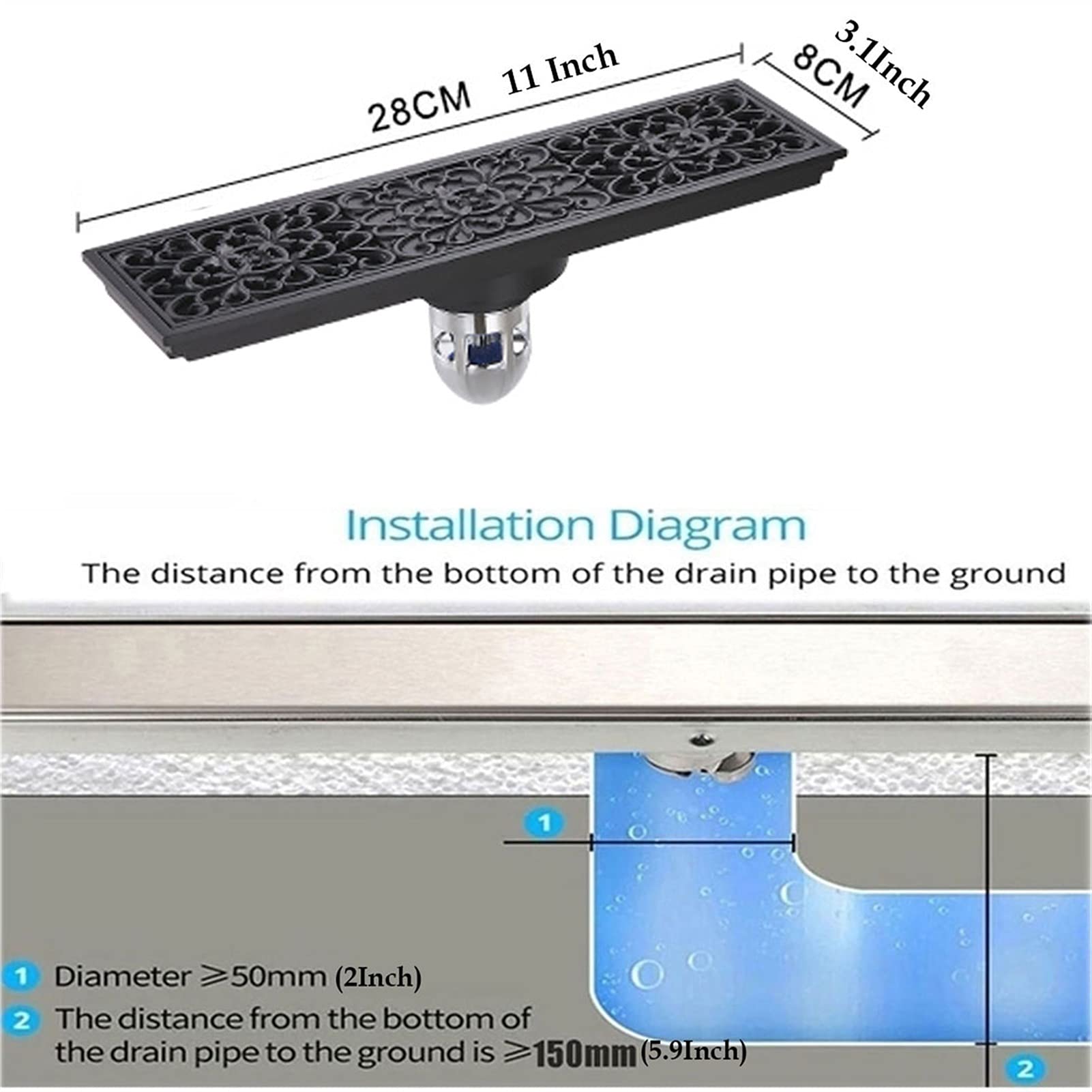 Desagüe Lineal para Ducha, Desagüe de Ducha Lineal con colador Pelo, desagüe Suelo Rectangular latón Cubierta extraíble, 11 Pulgadas