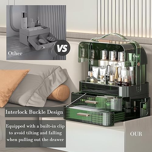 Miniatura 8 de LINFIDITE Caja de almacenamiento de cosméticos con tapa transparente, organizador de maquillaje grande, cajón portátil, impermeable, a prueba de