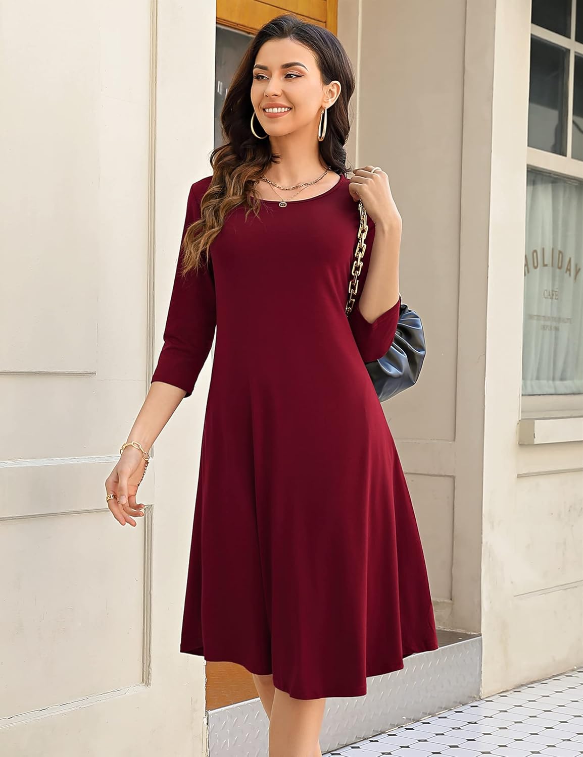 MISSKY Women's Scoop Neck 3/4 Sleeve Loose Midi Casual Dress with Pockets (S,Wine) - Image 8