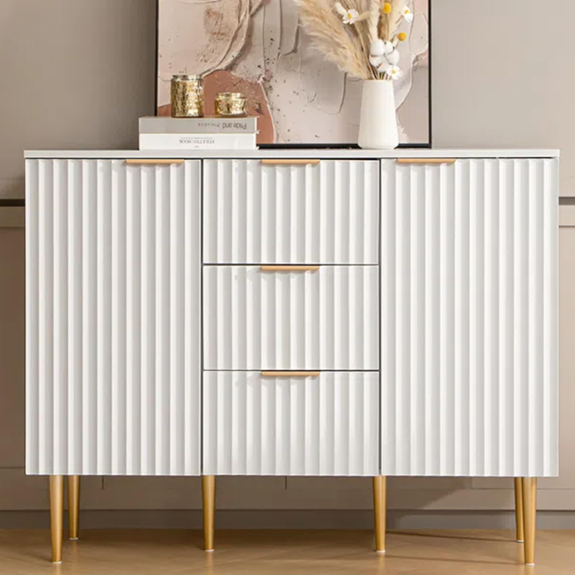 SICOTASBuffet Sideboard Fluted Storage Cabinet with Doors and Shelves, White Fluted Buffet Sideboard with 3 Drawers, Accent Cabinet Coffee Bar Kitchen Credenza for Living Room (1 Piece)The Forest Stewardship Council