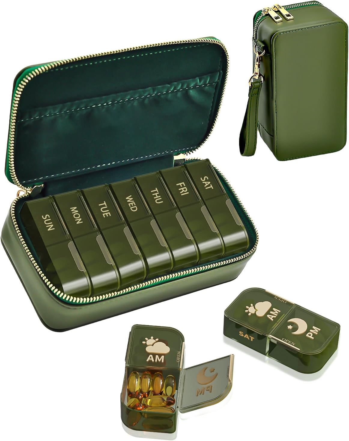 Pill Organizer 2 Times a Day (AM PM), Weekly Pill Box with PU Leather Travel Case, Portable Medicine Organizer for Travel, Work & Supplements (Green)
