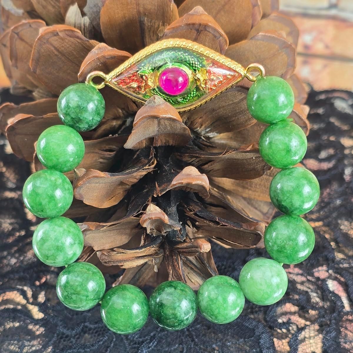 Natural Green Jade Bracelet for Women – Burmese Jadeite with Thai-Style Lucky Amulet Pendant – Spiritual Feng Shui Wealth & Love Gift – Red Velvet Pouch Included