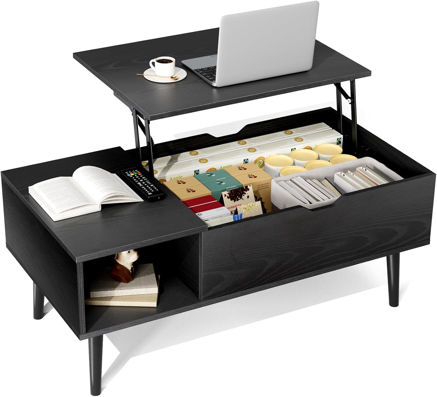 NEWBULIG Lift Top Coffee Table with Storage, Wooden Coffee Table for Living Room, Hidden Compartment & Open Shelf, Small Space Center Table, Black