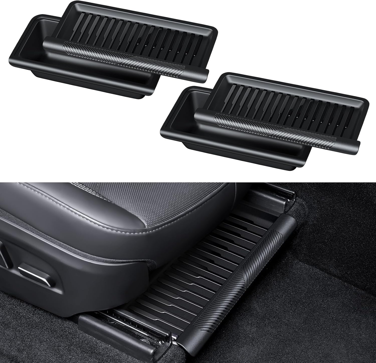 Under Seat Storage Box for 2025-2026 Tesla Model Y Juniper – Leak-Proof Covered Organizer Set, TPE Material, Quick-Pull Handle, Secure Anti-Slip Installation for Front Seats