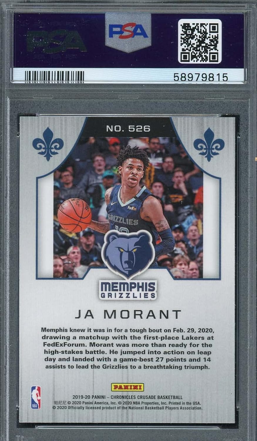 Ja Morant 2019 Panini Chronicles Basketball Rookie Card RC #526 Graded PSA 10