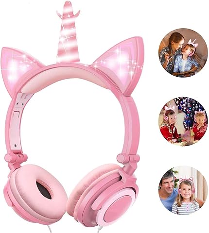 O'woda Unicorn Cat Ear Headphones for Kids Foldable and Adjustable with LED Lights, 85dB Volume Limited + 3.5 mm Jack for Phone/Kindle/PC/MP3. Cute for Girls Cosplay/Dance/Party/Birthday/Trip(Pink)