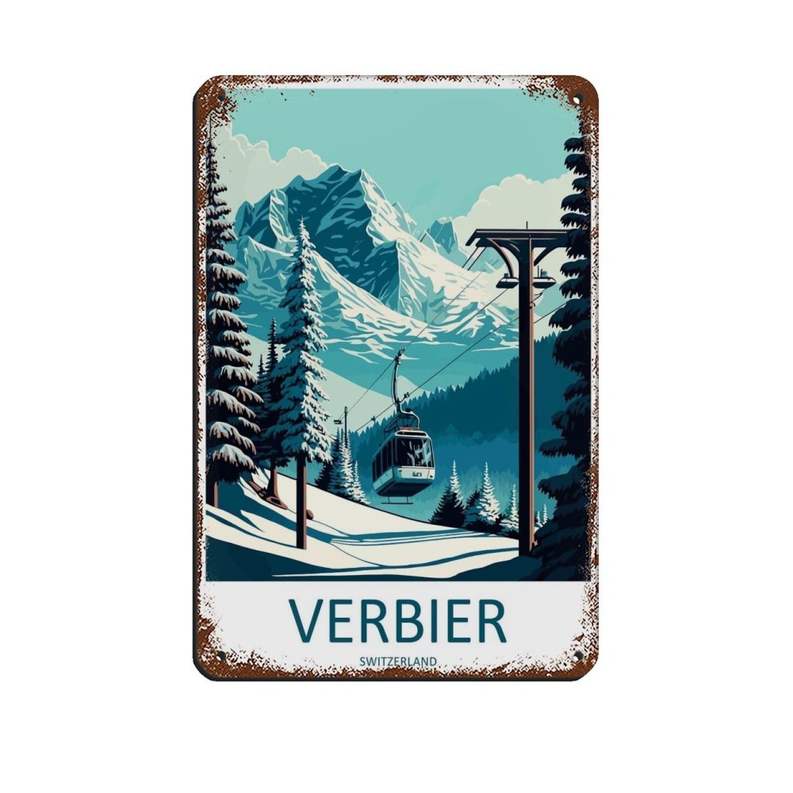 Verbier Travel Art Ski Art Lover Gift (2) Tin Sign Vintage Metal Pub Club Cafe Bar Home Wall Art Decoration Poster Retro 8x12inch(20x30cm)