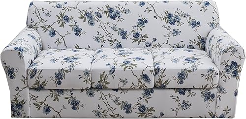 Miniatura 26 de KRFOONN Funda de sofá de 4 piezas con estampado para sofás de 3 cojines, funda elástica con 3 fundas de cojín separadas, protector de muebles Color