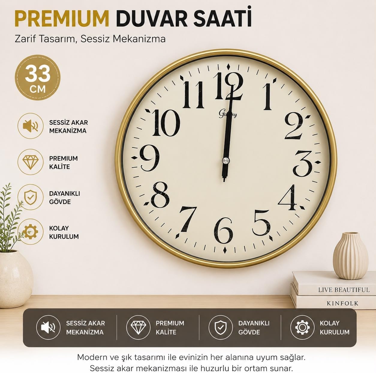 Galaxy Duvar Saati, 33 cm, Sessiz Akar Dekoratif Kc10