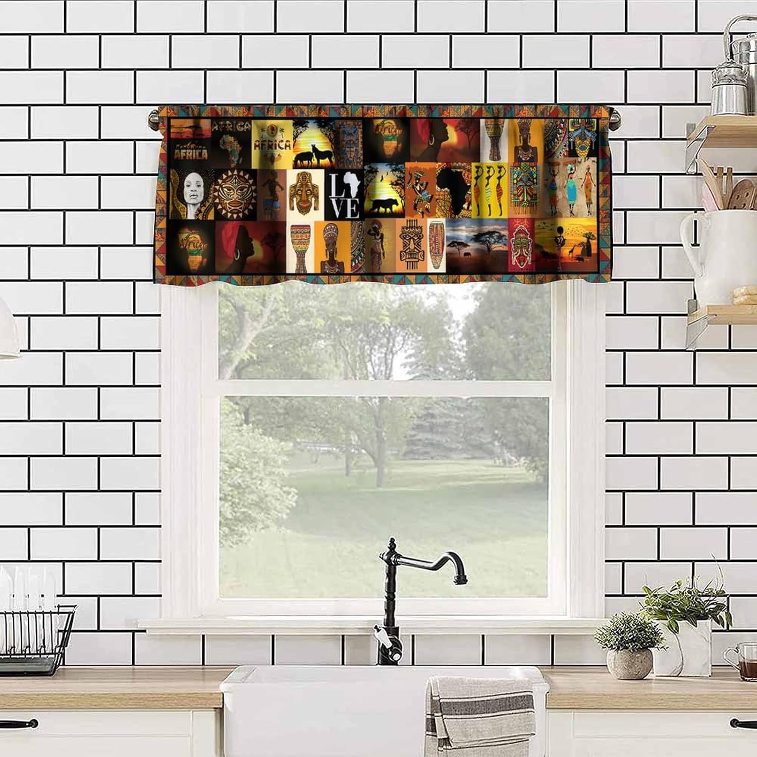 African Valance Curtains, African Ethnic Style Black Girl Africa Native Totem Elephant Giraffe Lion Traditional Window Curtain Valances for Kitchen Dinning Living Room 54x18inch