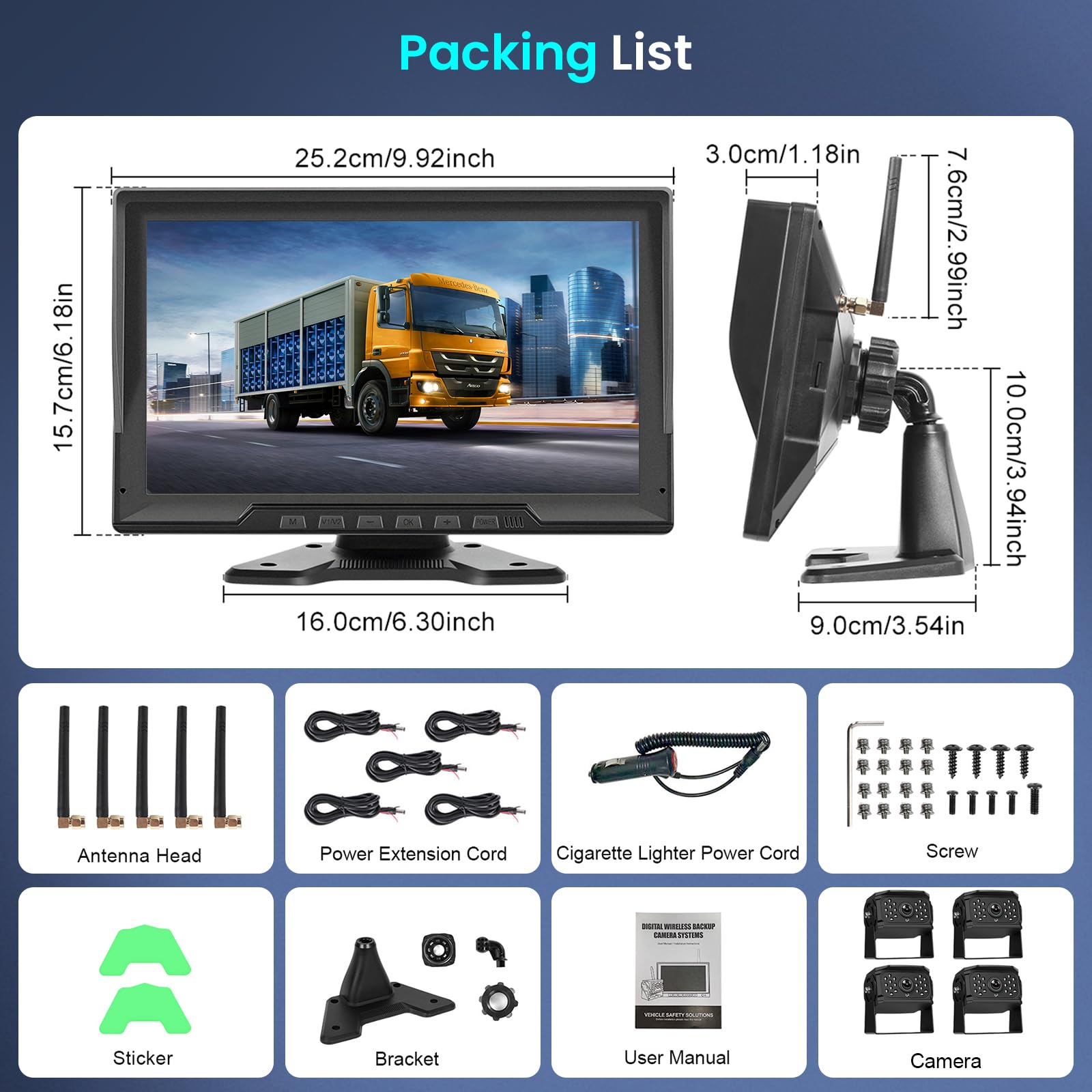 Hodozzy Digitale Kabellos Rückfahrkamera 4 Kameras,10,1 Zoll IPS HD Rückfahrmonitor mit Geteiltem Bildschirm mit Aufnahmefunktion Nachtsicht DVR Monitor+IP68 Wasserdichte Lkw/Anhänger/Wohnmobil 12-36V