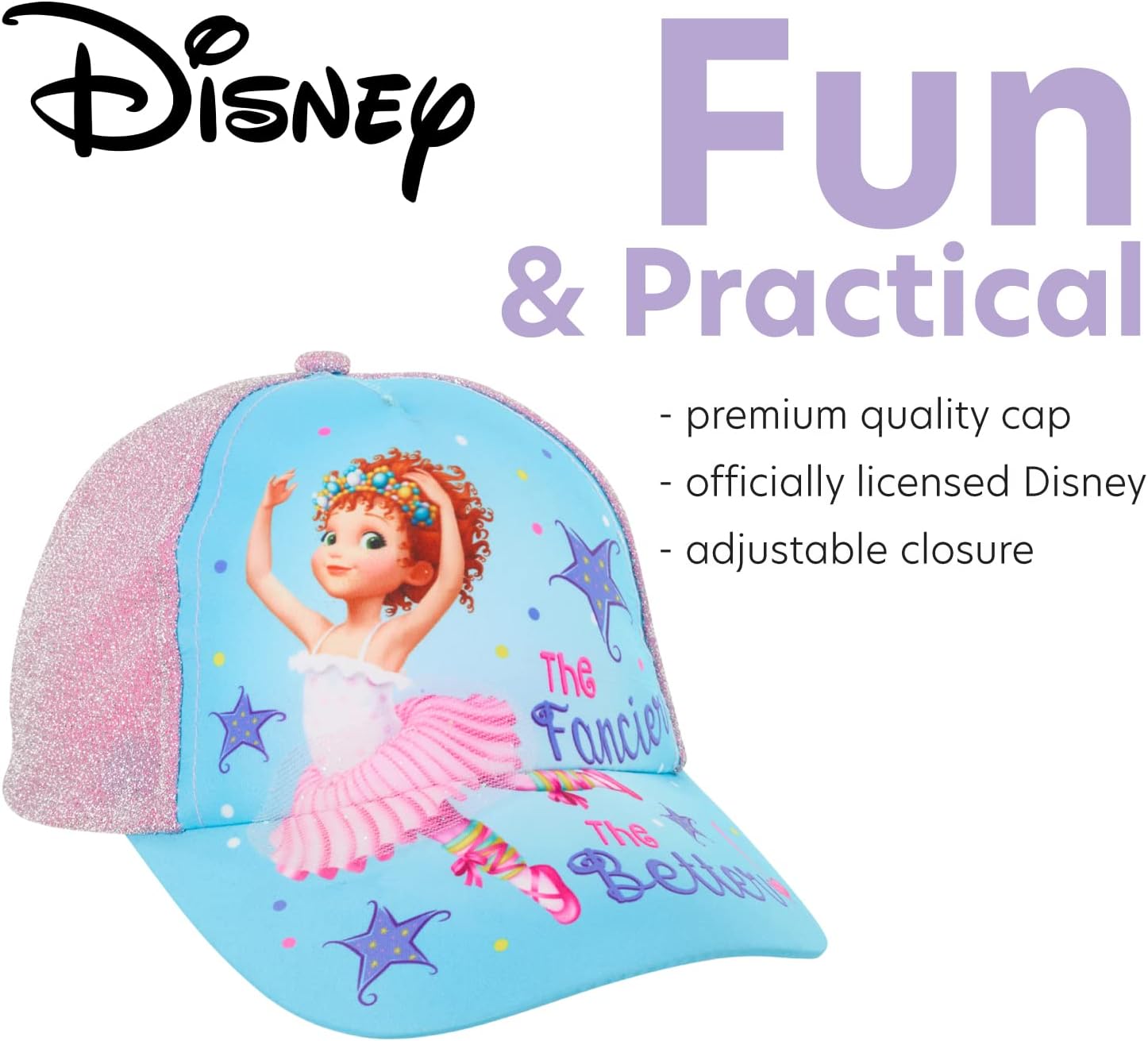 Disney Fancy Nancy Kids Baseball Cap, Adjustable Hat for Toddler Girls, Age 2-4 Years, Light Pink with Glitter