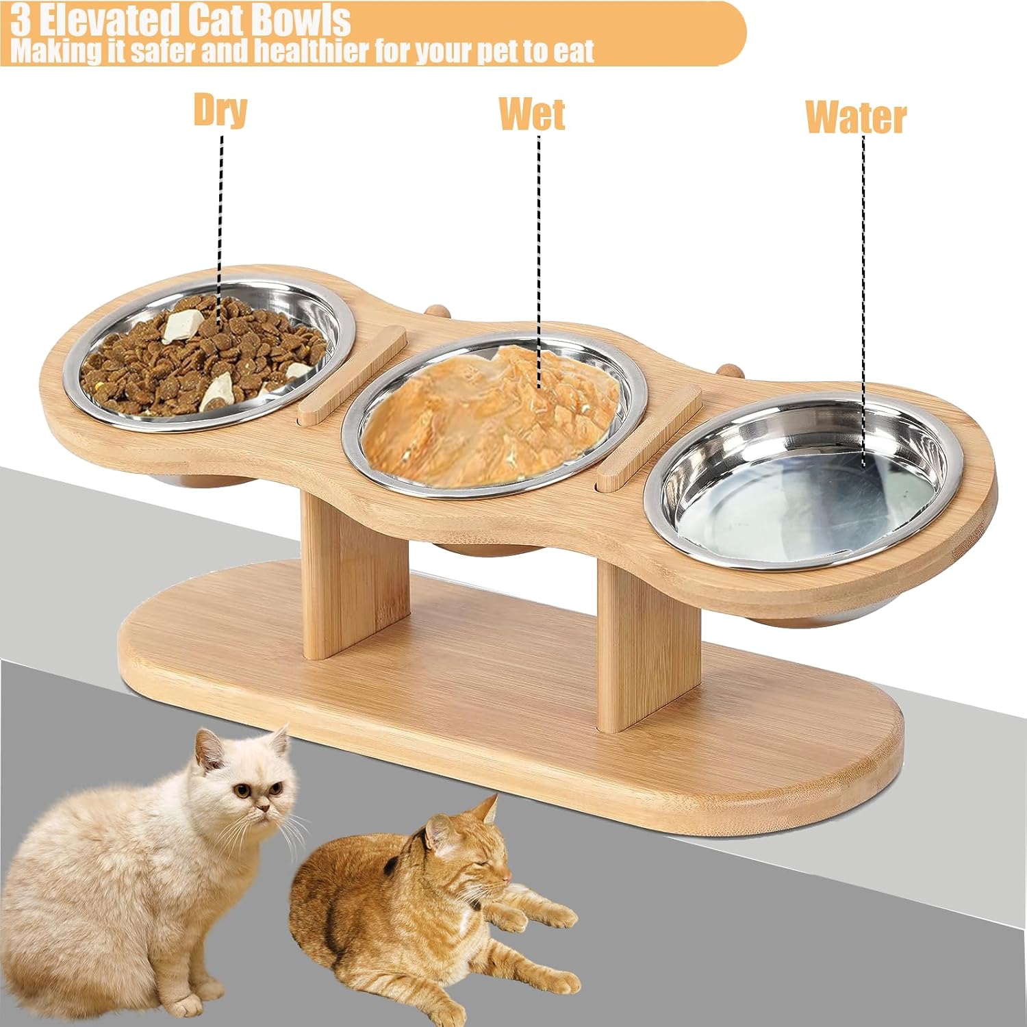 Elevated Cat Food Bowl, Raised Dog Feeding Stand with 5 Stainless Steel Bowls, 15 Tilted Design to Prevent Illness, Bamboo Material, Easy Installation