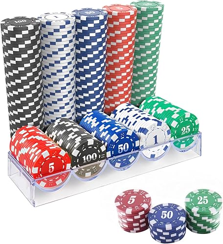 Vista 14 de 100 fichas de póquer profesional con caja de almacenamiento, juego de fichas de póquer de casino de 5 colores, fichas de póquer de casino compuestas