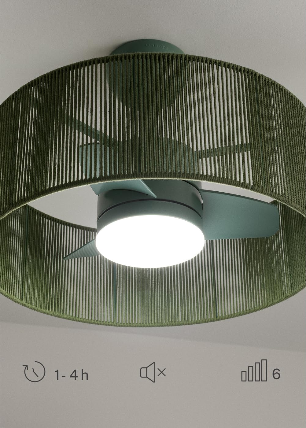 CREATE / WIND LAMP WOVEN/Ventilatore da soffitto luce e telecomando verde salvia / 25W, timer, Ø56,5 cm, funzione estate-inverno, LED 3 temperature, corpo in corda, flusso d'aria concentrato