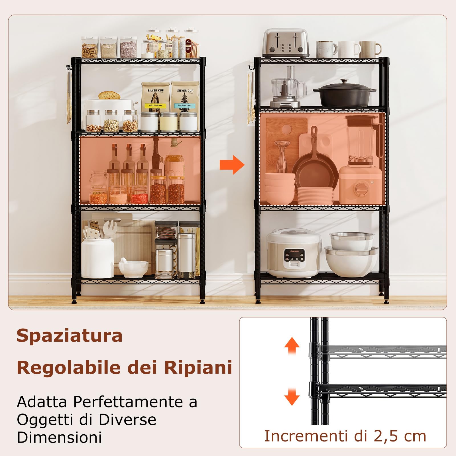 COSTWAY Scaffale in Metallo con Ripiani, Scaffale Regolabile e Resistente con Ripiani Rete a V, Organizzatore Multiuso con Anti-ribaltamento per Casa, Cucina e Garage (4 piani,Mini)