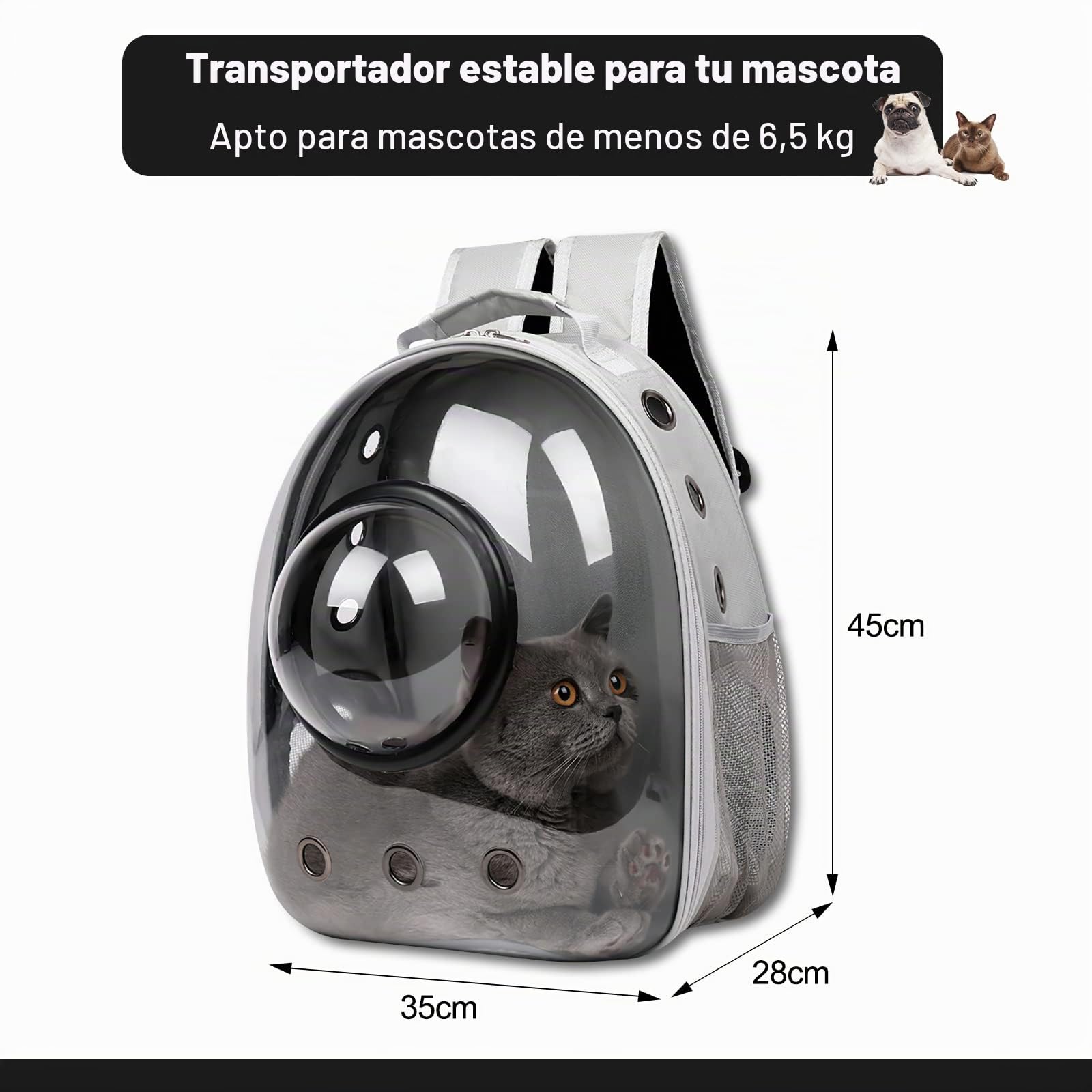 Galatée Mochila para Gatos, Mochila para Gatos Al Aire Libre, Mochila Impermeable Transparente para Perros, Mochila para Mascotas con Cápsula De Espacio Ventilado(Gris, Cubierta Transparente)