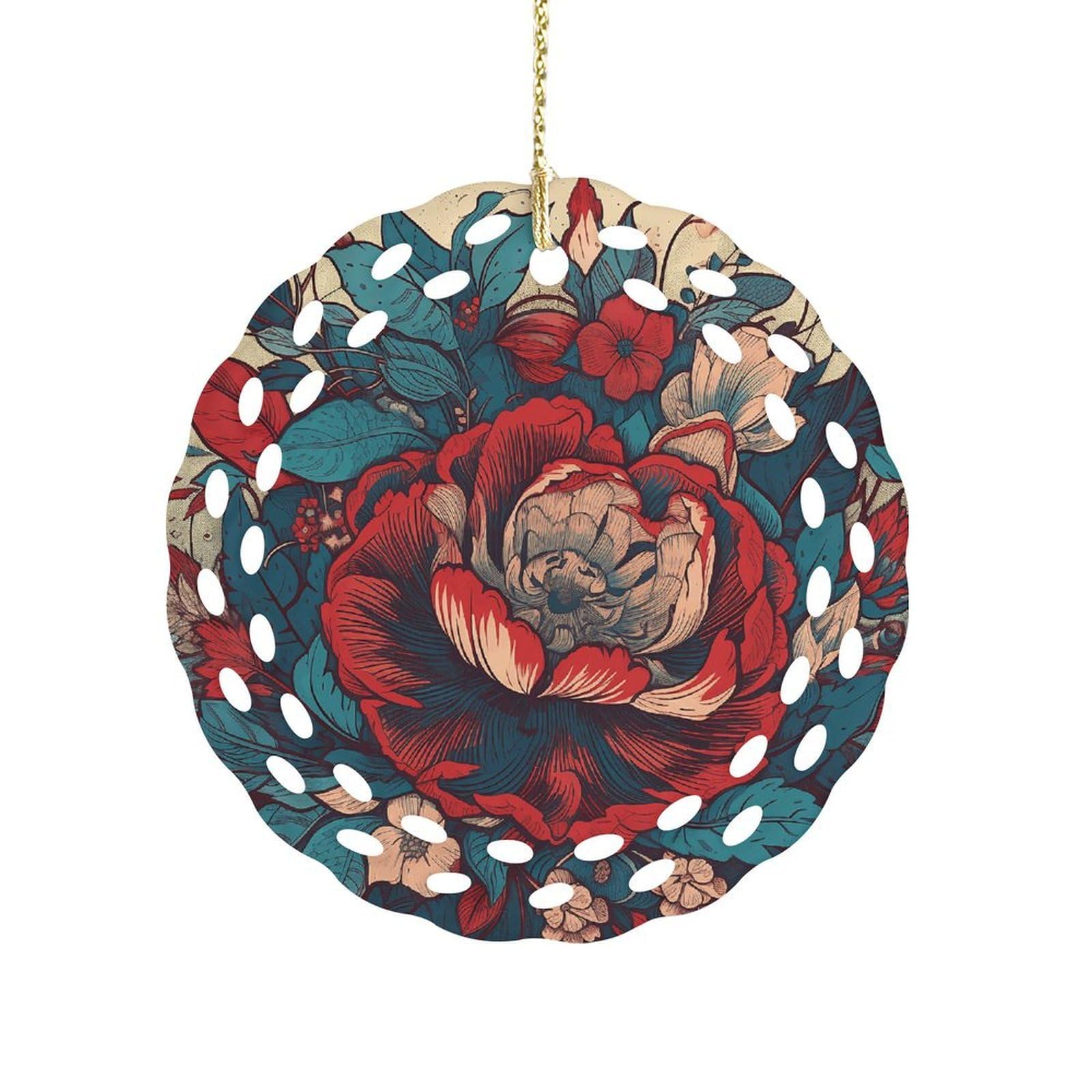 Fodpand Women's Style Flowers With Leaves Ceramic Ornament For Home Decor 3.2" Round Tree Decoration Christmas Ornaments For Men Double-Sided Design