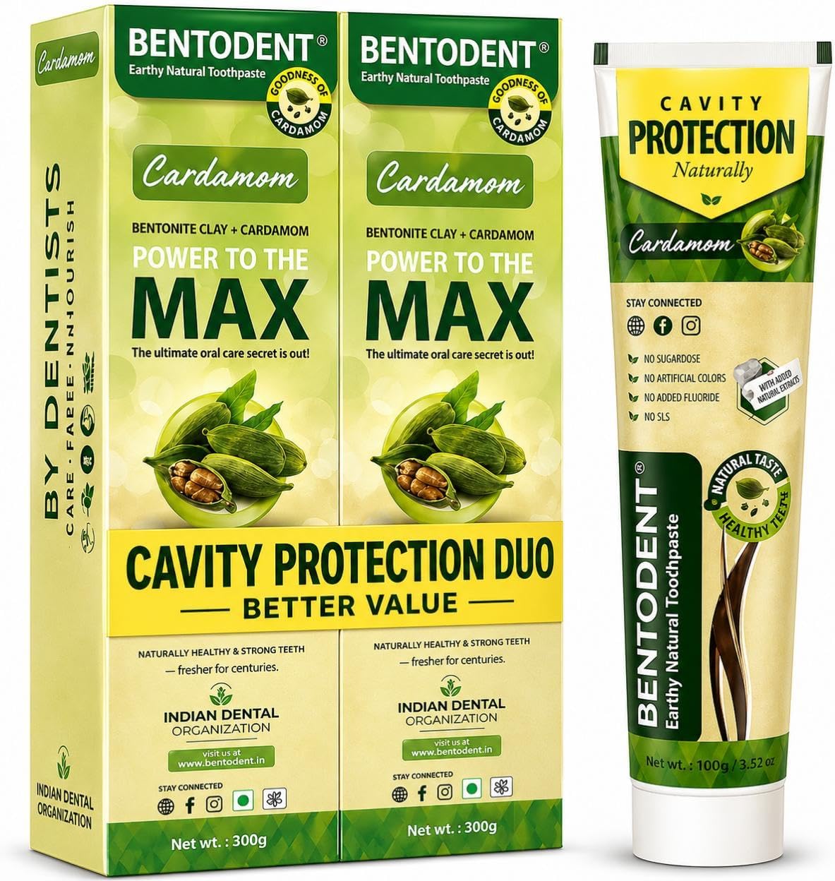 Bentodent Toothpaste | Natural, Fluoride Free, Foam Free & SLS Free (100g (pack of 2), Cardamom)