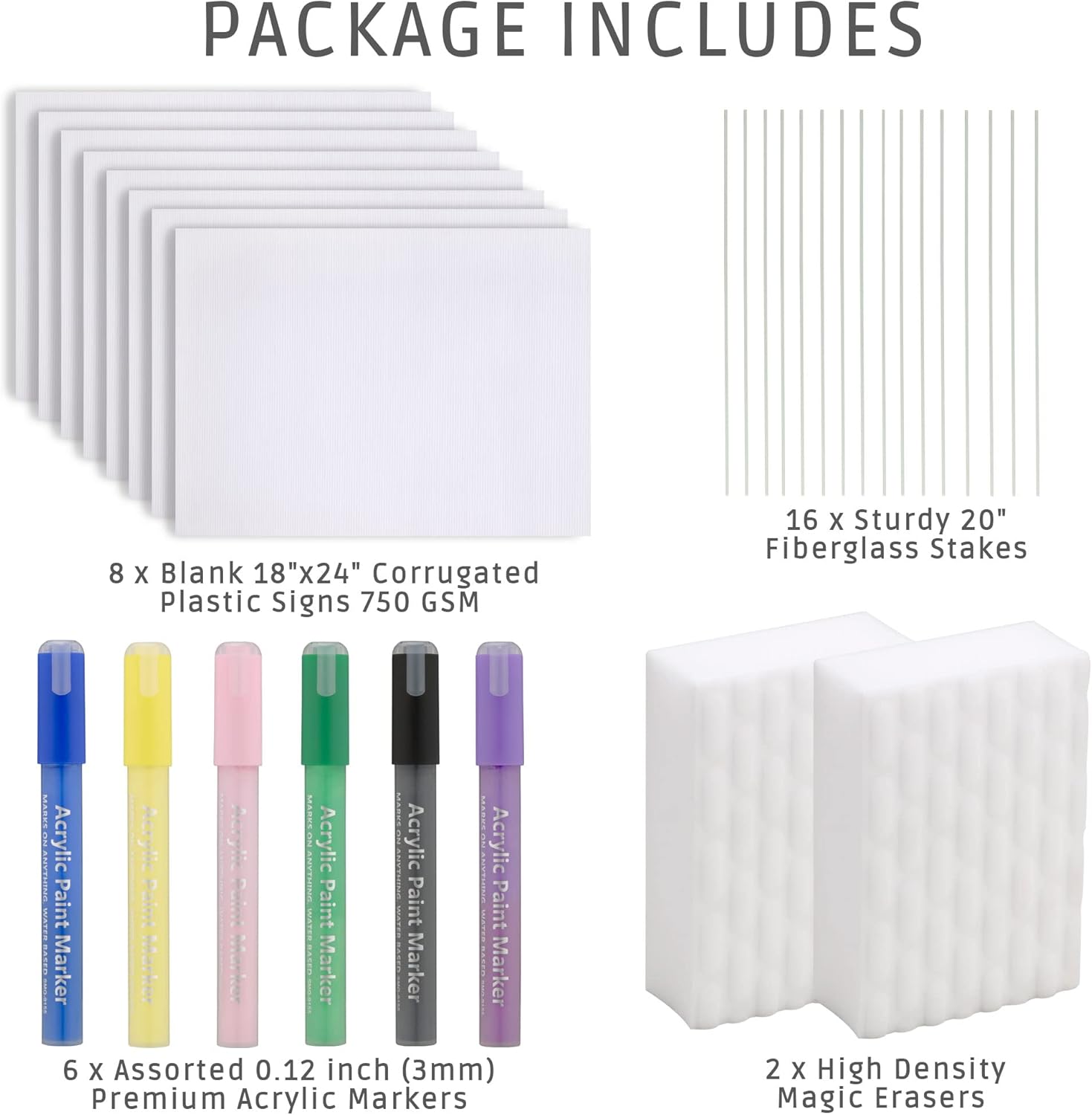 FSS Blank Yard Signs with Fiberglass Stakes, 8 Pack 18"x 24" Corrugated Plastic Sheets, Suitable for Birthday Signs, Advertising, Garage Sales, Graduation, W/ Premium Acrylic Markers & Erasers : Patio, Lawn & Garden