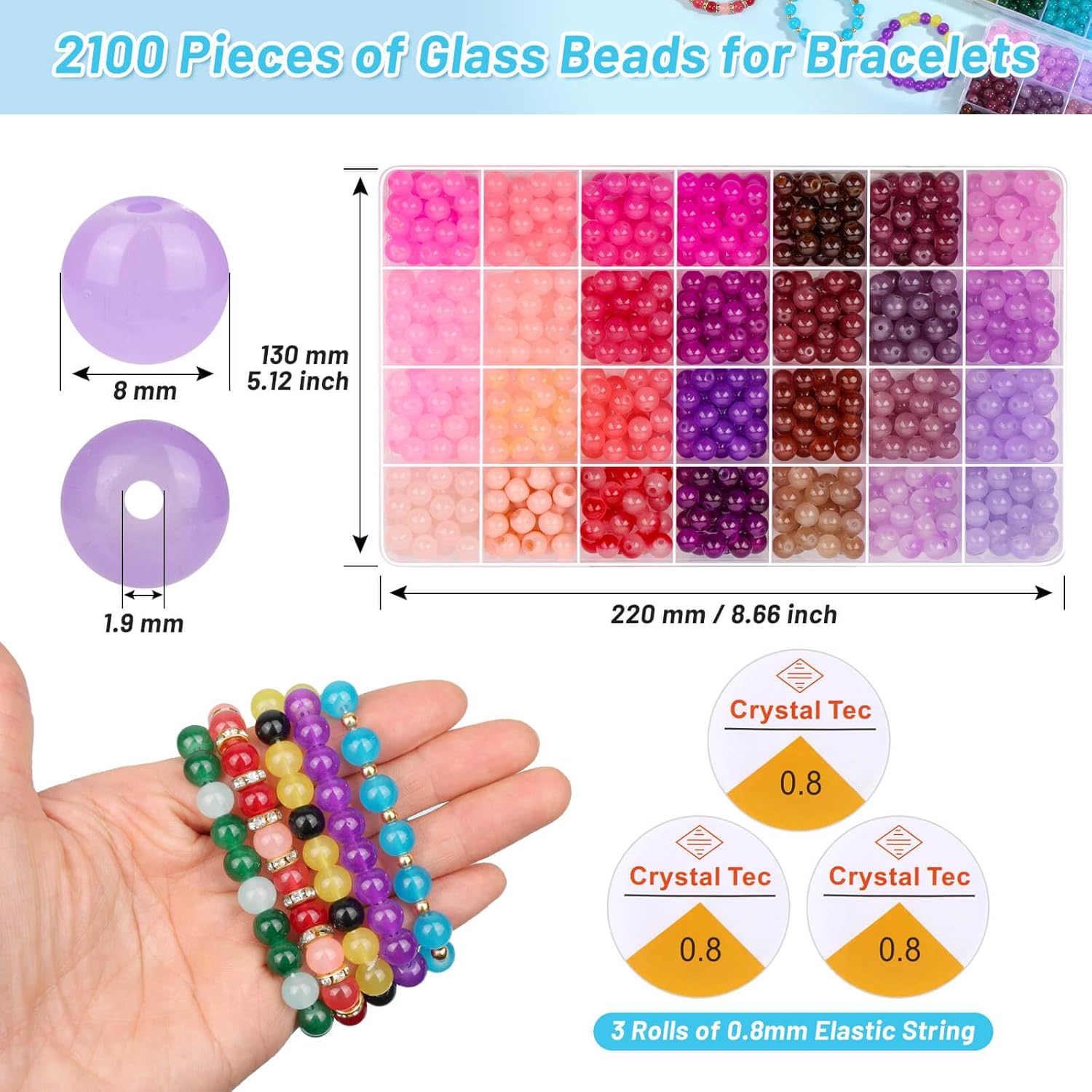 shynek 2100 Pieces 8mm Round Glass Beads for Bracelets, 84 Colors Crystal Glass Beads for Jewelry Making and DIY Crafts