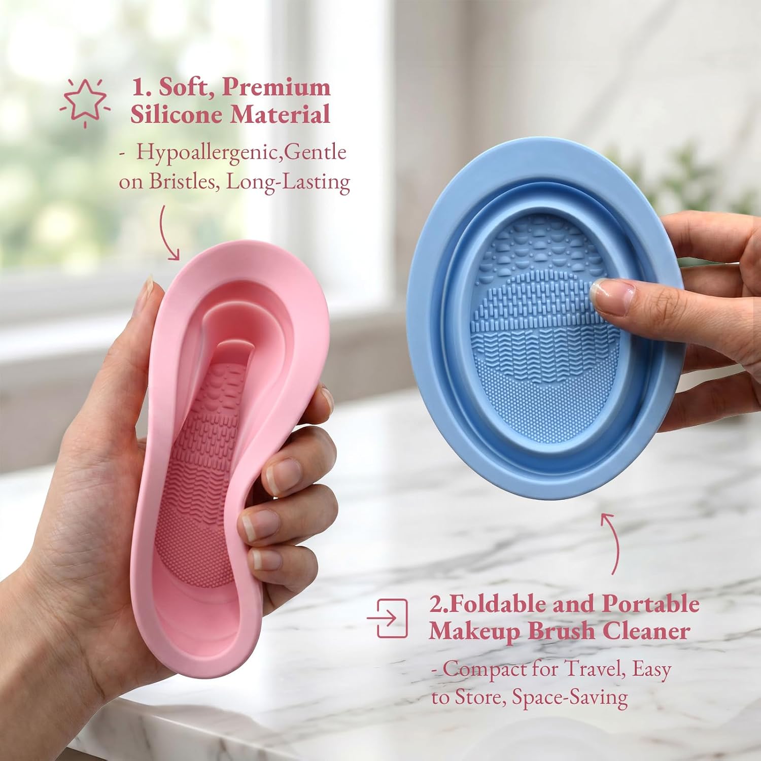 2Pcs Foldable Silicone Makeup Brush Cleaner Bowl - Portable Cosmetic Brush Cleaning Tool for Makeup Brushes, Powder Puffs, and Sponges, Deep Clean Brush Washer for Travel and Home Use (Pink,Blue)