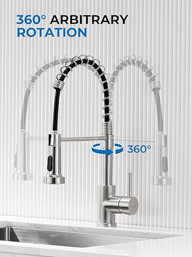 Miniatura 84 de WEWE Llave de cocina dorada cepillado con pulverizador desplegable, llave con resorte de latón/acero inoxidable, un mango, con placa de cubierta, 1