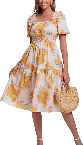 Kormei Women's Square Neck Summer Boho Floral Puff Sleeve A-line Tiered Flowy Ca